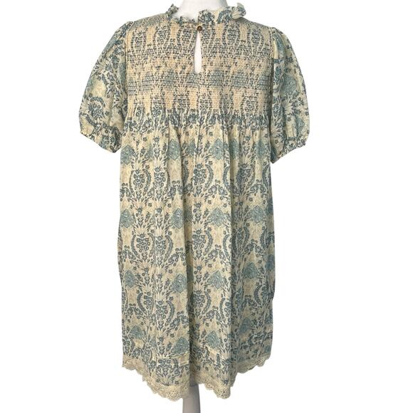 Easel Babydoll Smocked Antique Blue Cream Floral Damask Lace Trim Dress S Boho - Picture 8 of 13